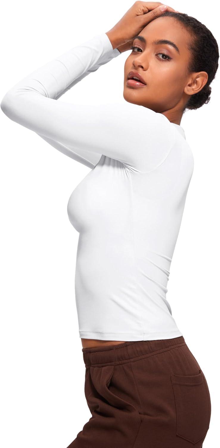imageCRZ YOGA Softembrace Crewneck Long Sleeve Shirts for Women Casual Going Out Tops Soft Basic Fitted Tight Fall TShirtsWhite
