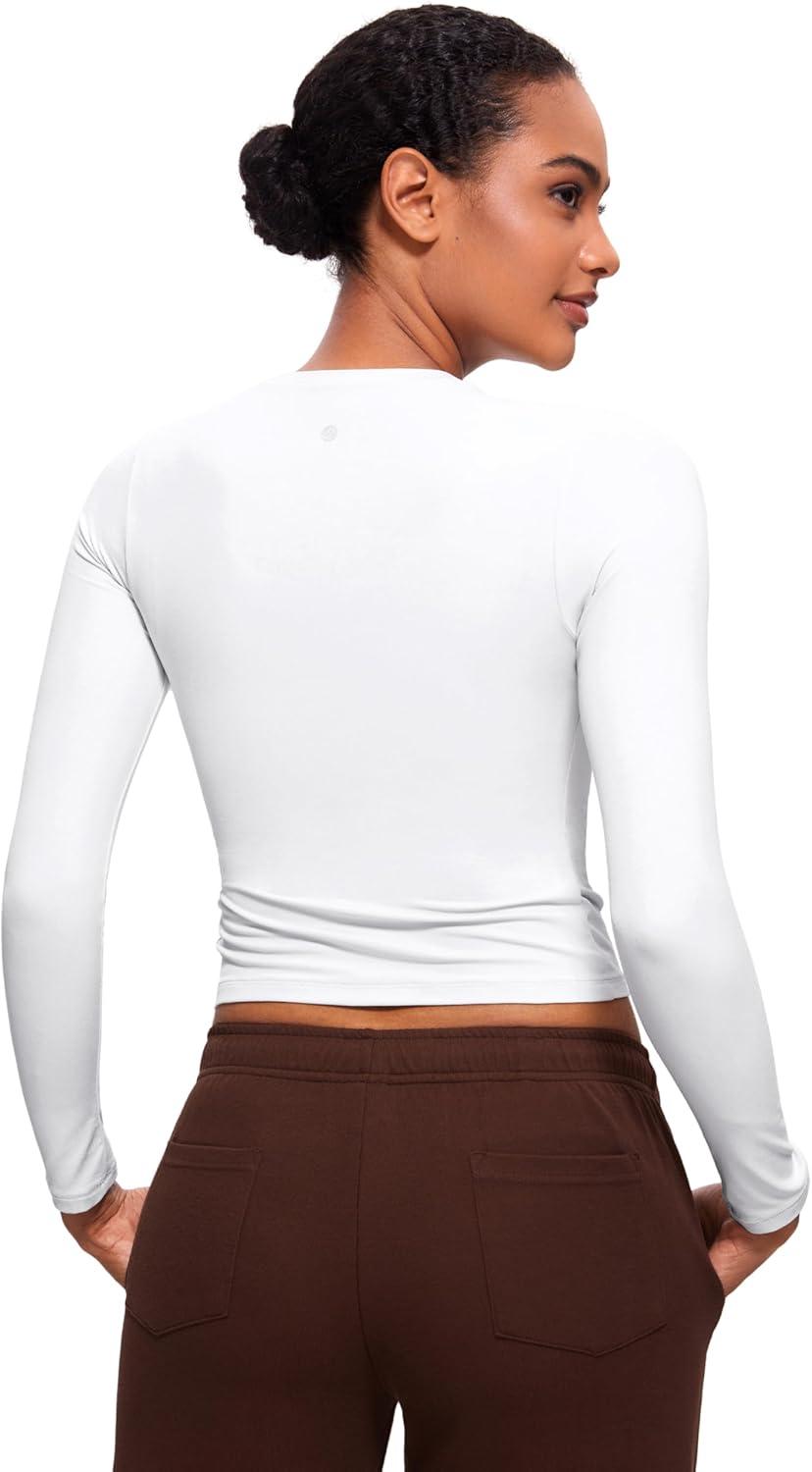 imageCRZ YOGA Softembrace Crewneck Long Sleeve Shirts for Women Casual Going Out Tops Soft Basic Fitted Tight Fall TShirtsWhite