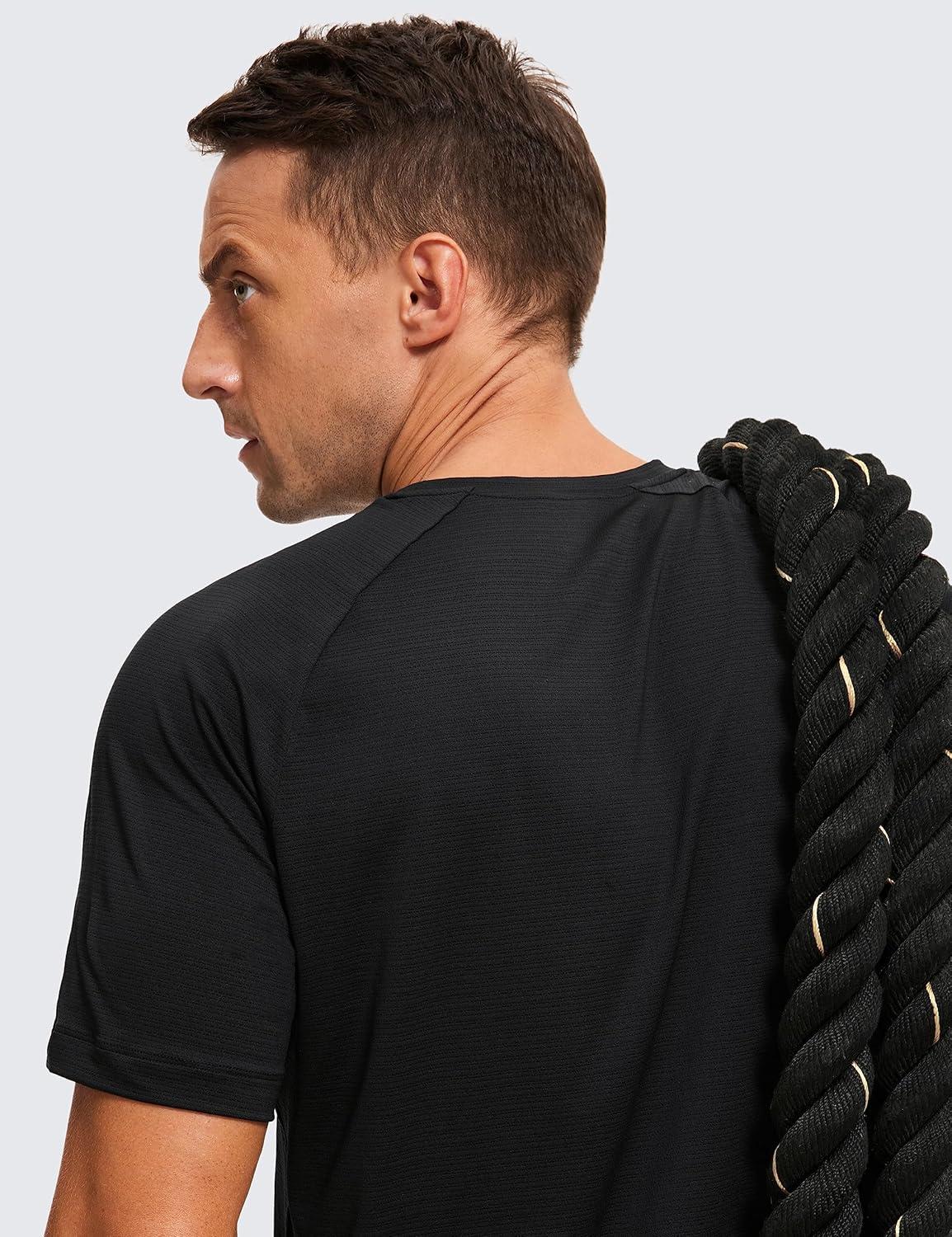 imageCRZ YOGA Texture Workout Shirts for Men Lightweight Crewneck Running Athletic TShirts Short Sleeve Gym TopsBlack