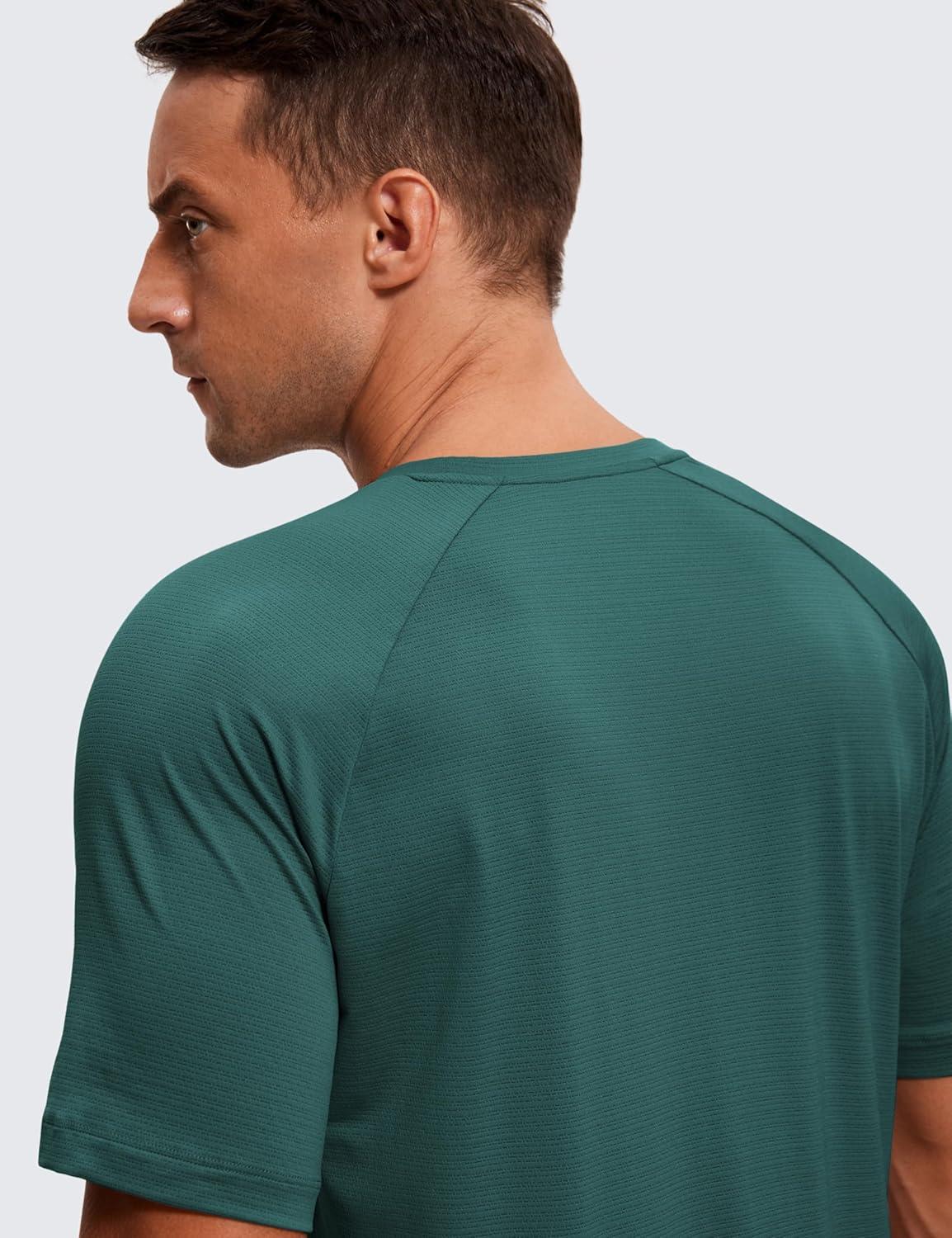 imageCRZ YOGA Texture Workout Shirts for Men Lightweight Crewneck Running Athletic TShirts Short Sleeve Gym TopsForest Green