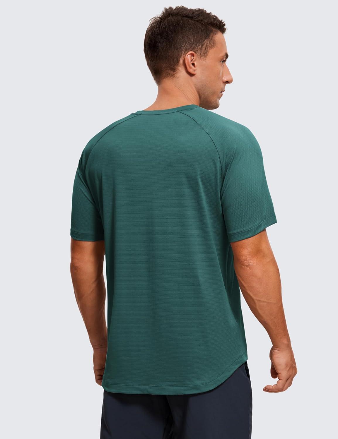 imageCRZ YOGA Texture Workout Shirts for Men Lightweight Crewneck Running Athletic TShirts Short Sleeve Gym TopsForest Green