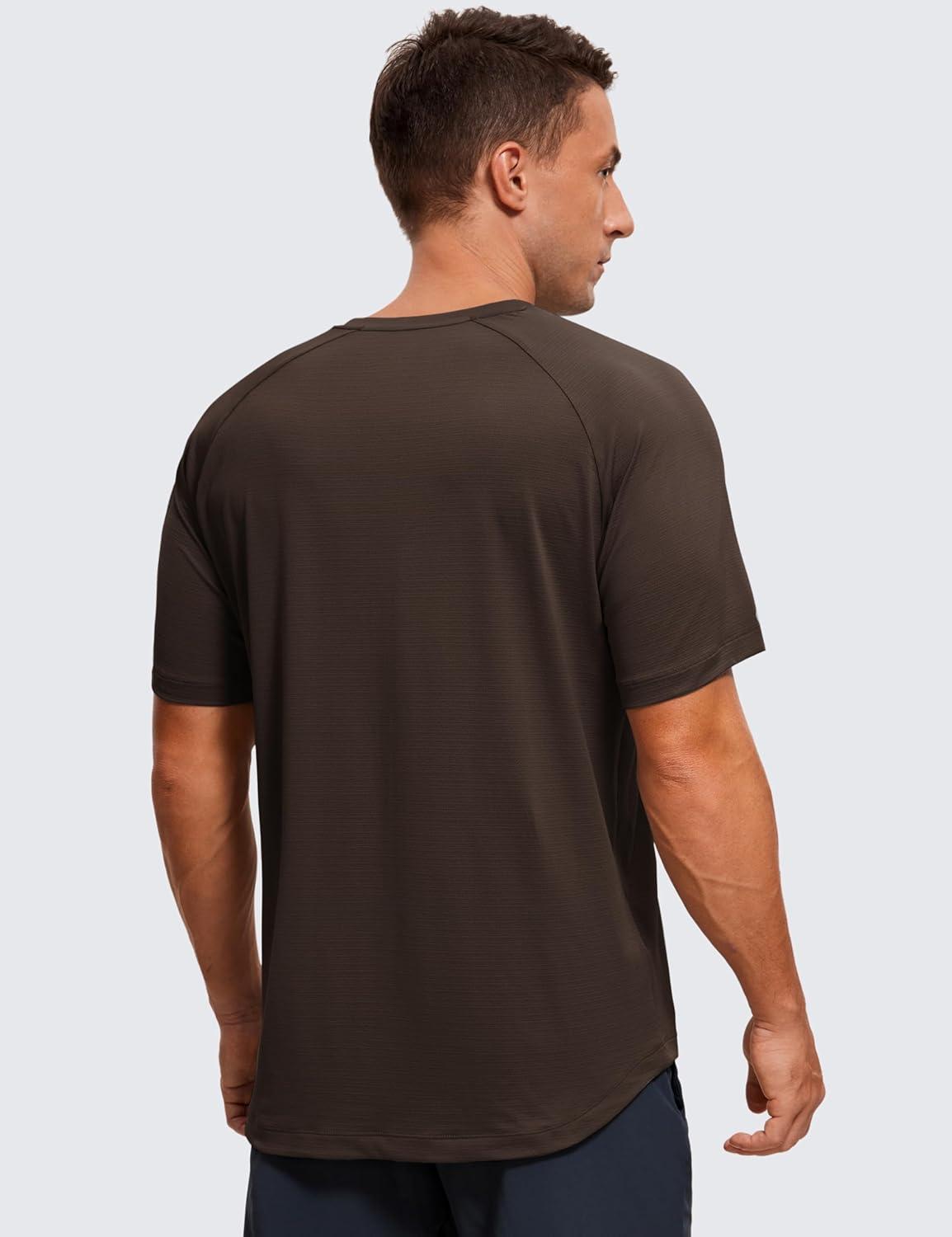 imageCRZ YOGA Texture Workout Shirts for Men Lightweight Crewneck Running Athletic TShirts Short Sleeve Gym TopsHot Fudge Brown