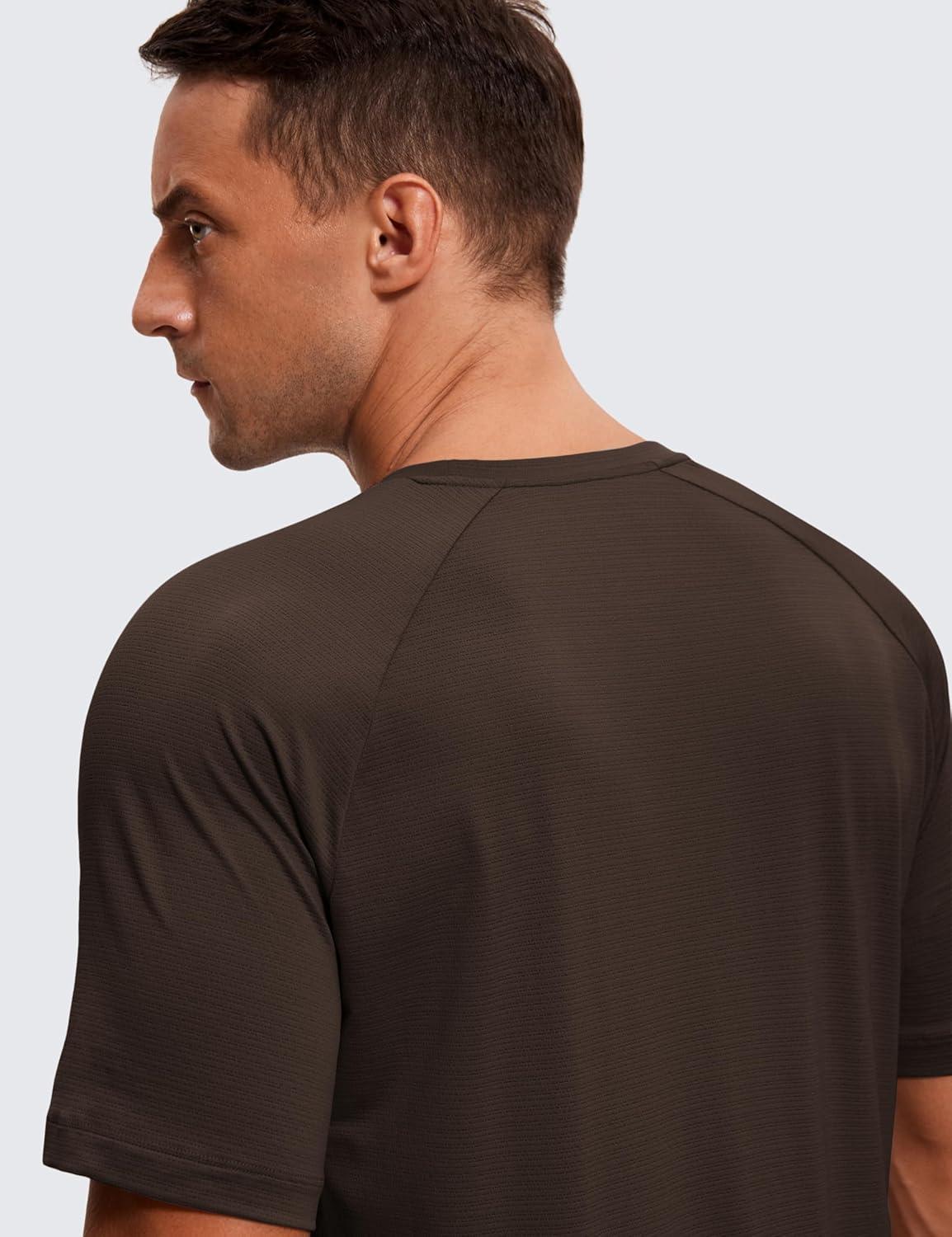 imageCRZ YOGA Texture Workout Shirts for Men Lightweight Crewneck Running Athletic TShirts Short Sleeve Gym TopsHot Fudge Brown