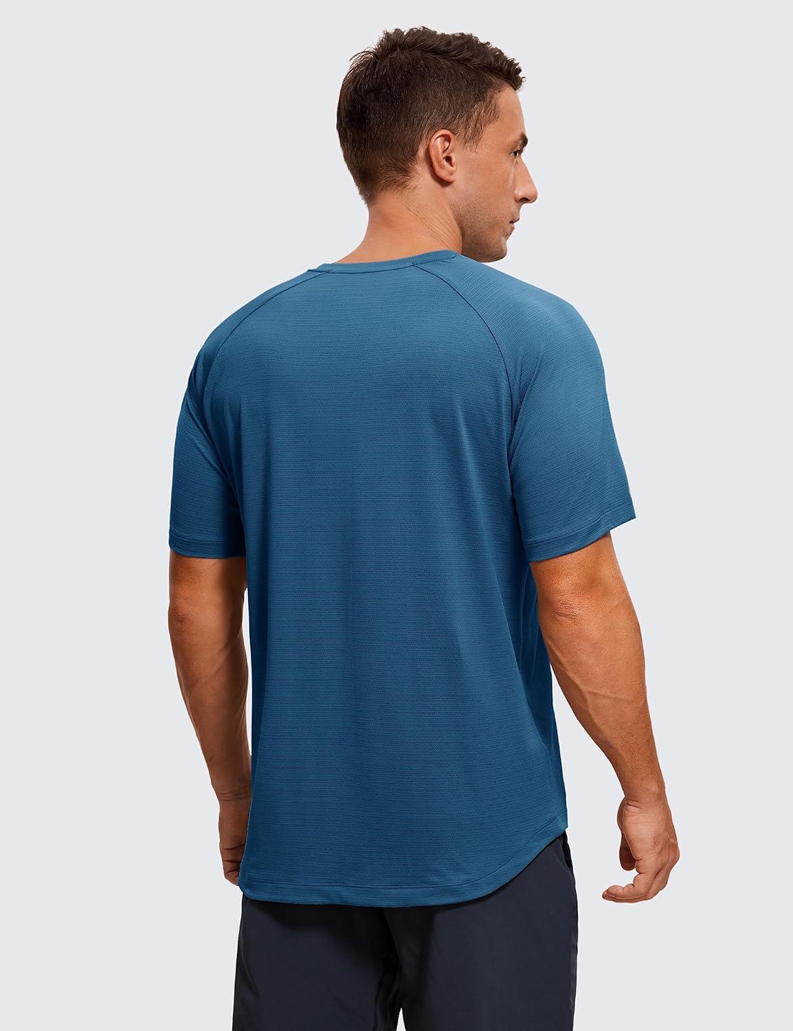 imageCRZ YOGA Texture Workout Shirts for Men Lightweight Crewneck Running Athletic TShirts Short Sleeve Gym TopsIron Blue