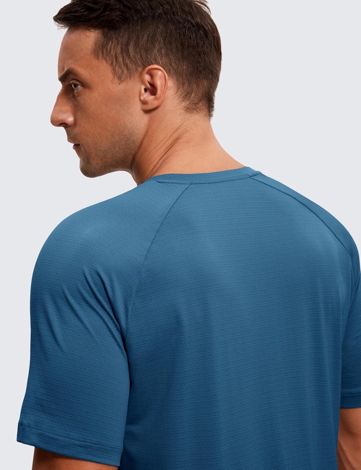 imageCRZ YOGA Texture Workout Shirts for Men Lightweight Crewneck Running Athletic TShirts Short Sleeve Gym TopsIron Blue