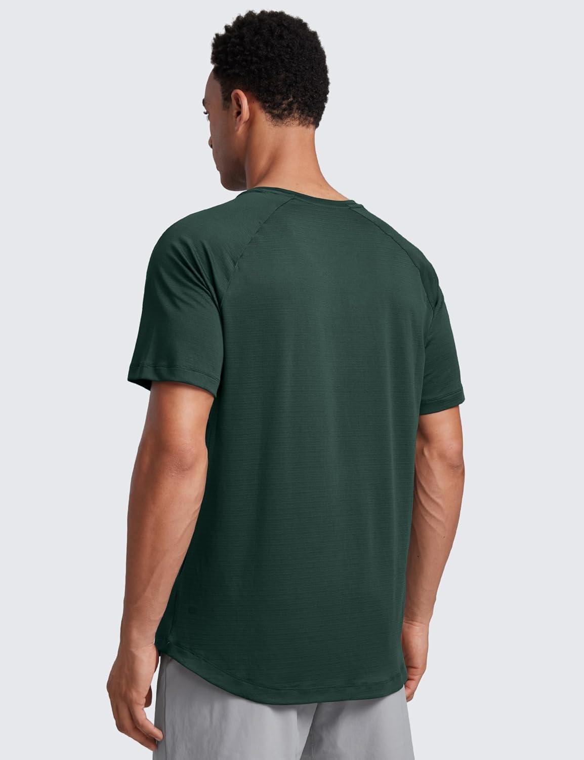 imageCRZ YOGA Texture Workout Shirts for Men Lightweight Crewneck Running Athletic TShirts Short Sleeve Gym TopsLegend Green
