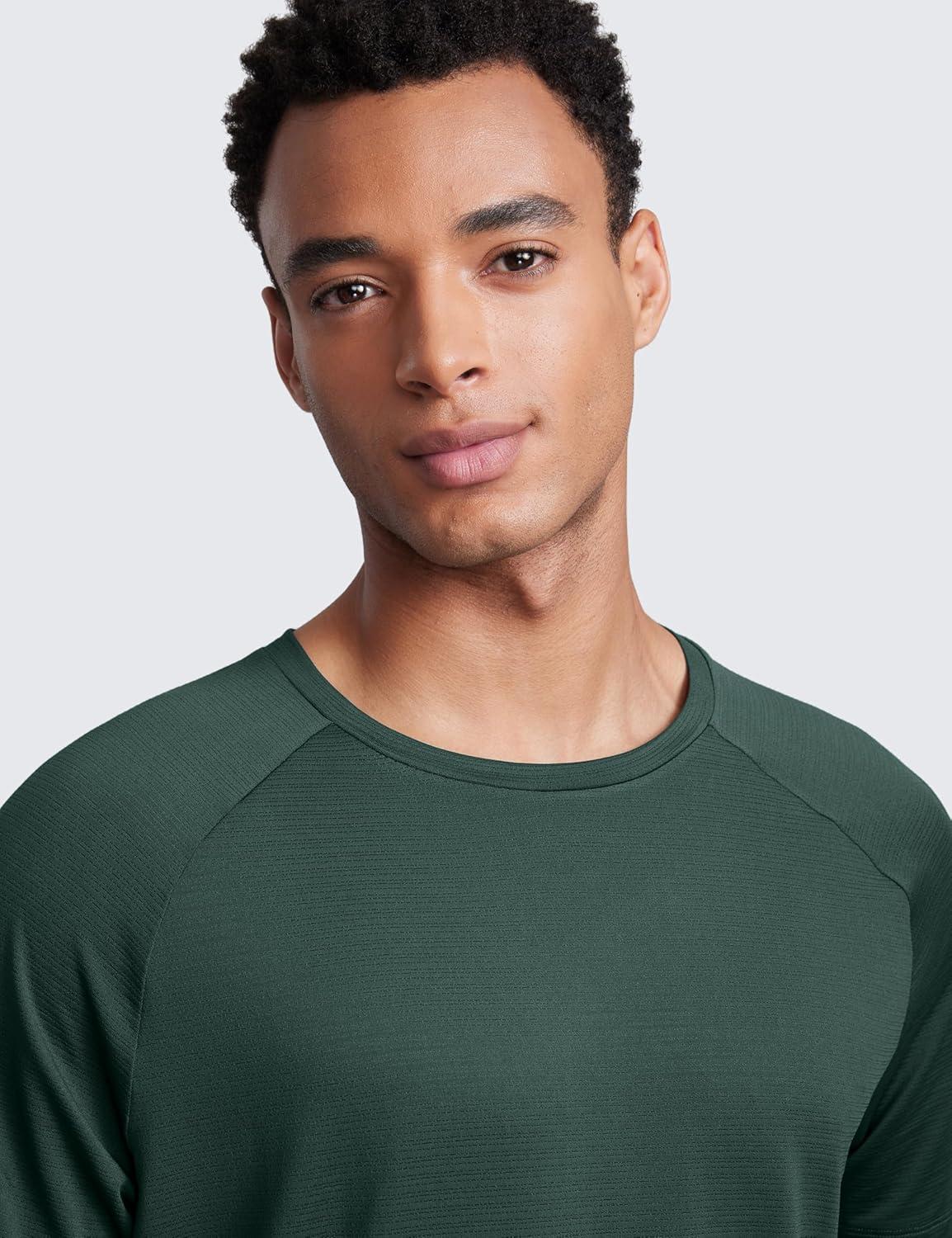 imageCRZ YOGA Texture Workout Shirts for Men Lightweight Crewneck Running Athletic TShirts Short Sleeve Gym TopsLegend Green