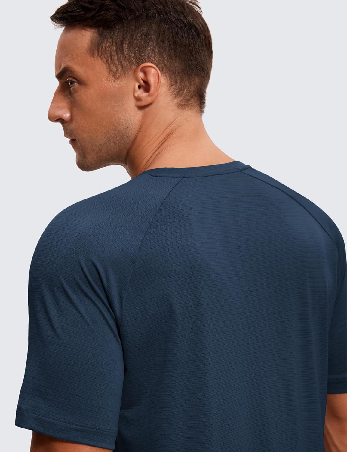 imageCRZ YOGA Texture Workout Shirts for Men Lightweight Crewneck Running Athletic TShirts Short Sleeve Gym TopsNautical Navy Blue