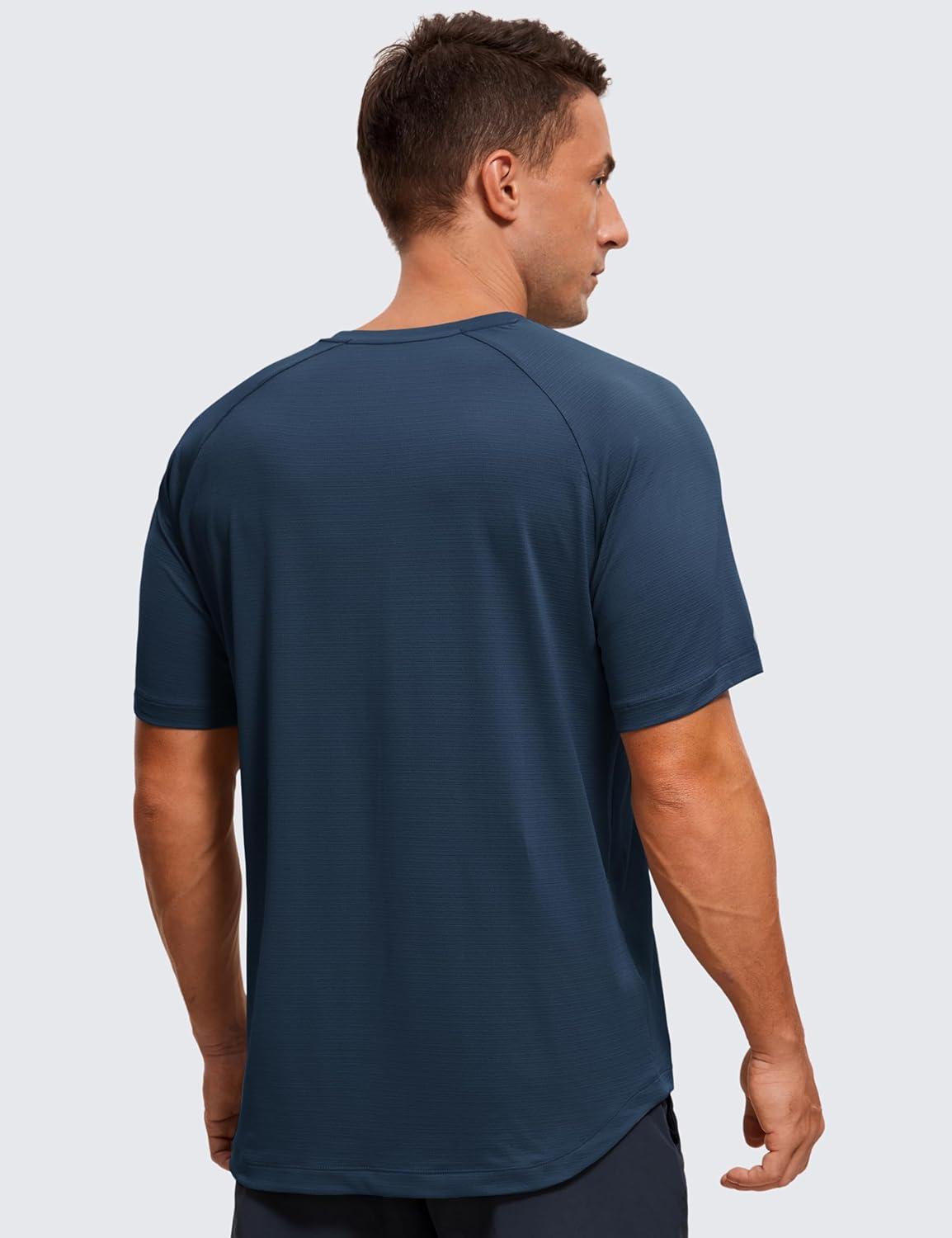 imageCRZ YOGA Texture Workout Shirts for Men Lightweight Crewneck Running Athletic TShirts Short Sleeve Gym TopsNautical Navy Blue