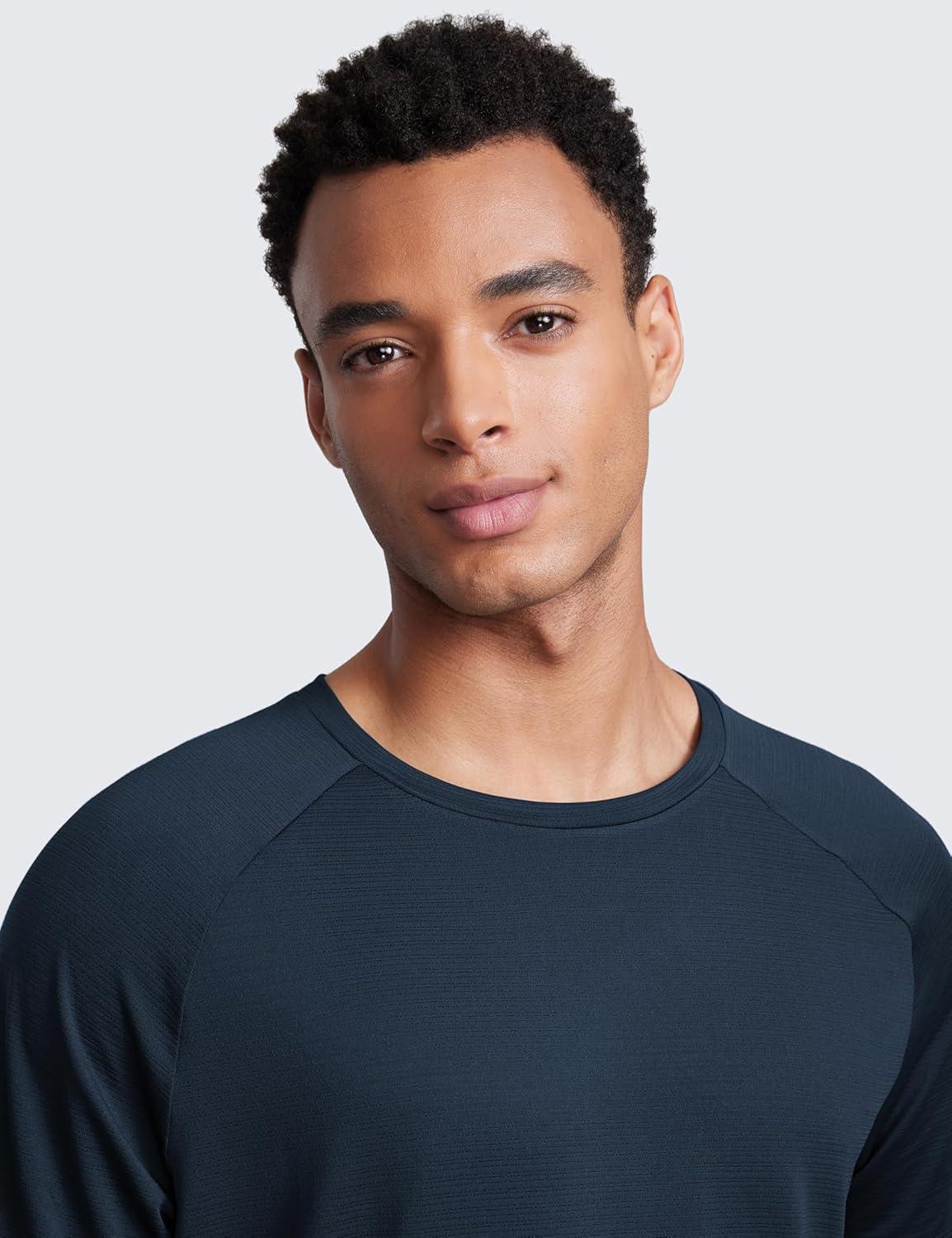 imageCRZ YOGA Texture Workout Shirts for Men Lightweight Crewneck Running Athletic TShirts Short Sleeve Gym TopsTrue Navy
