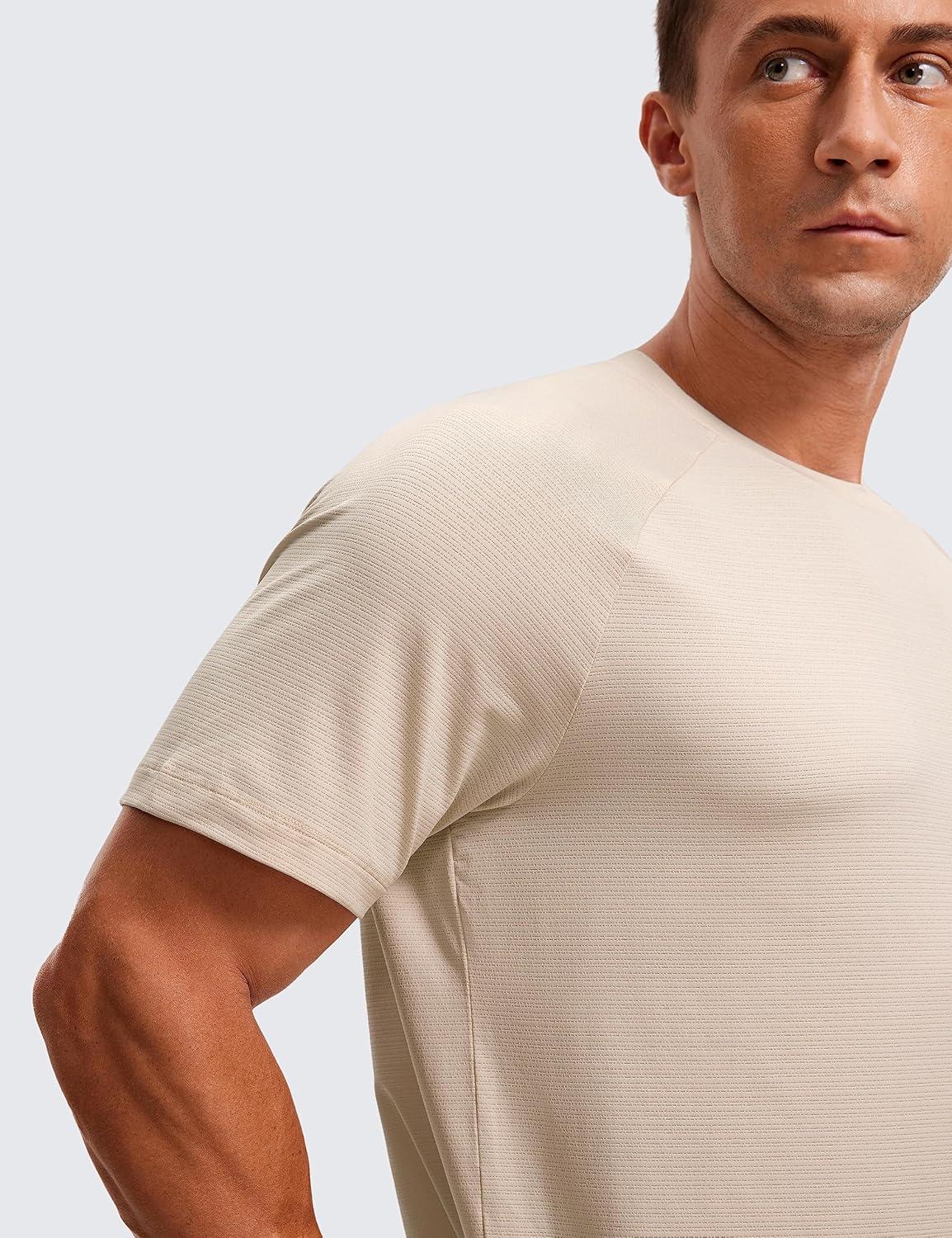 imageCRZ YOGA Texture Workout Shirts for Men Lightweight Crewneck Running Athletic TShirts Short Sleeve Gym TopsWhite Opal