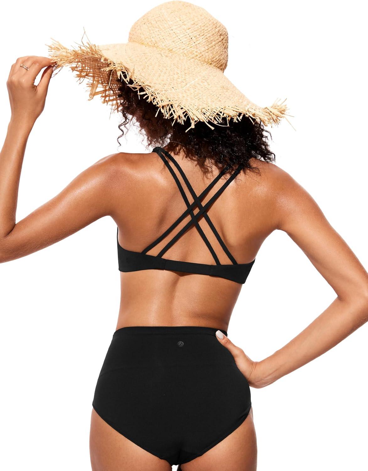 imageCRZ YOGA Twist Front Bikini Tops for Women Padded V Neck Criss Cross Back Triangle Sexy Swim Bathing SuitBlack