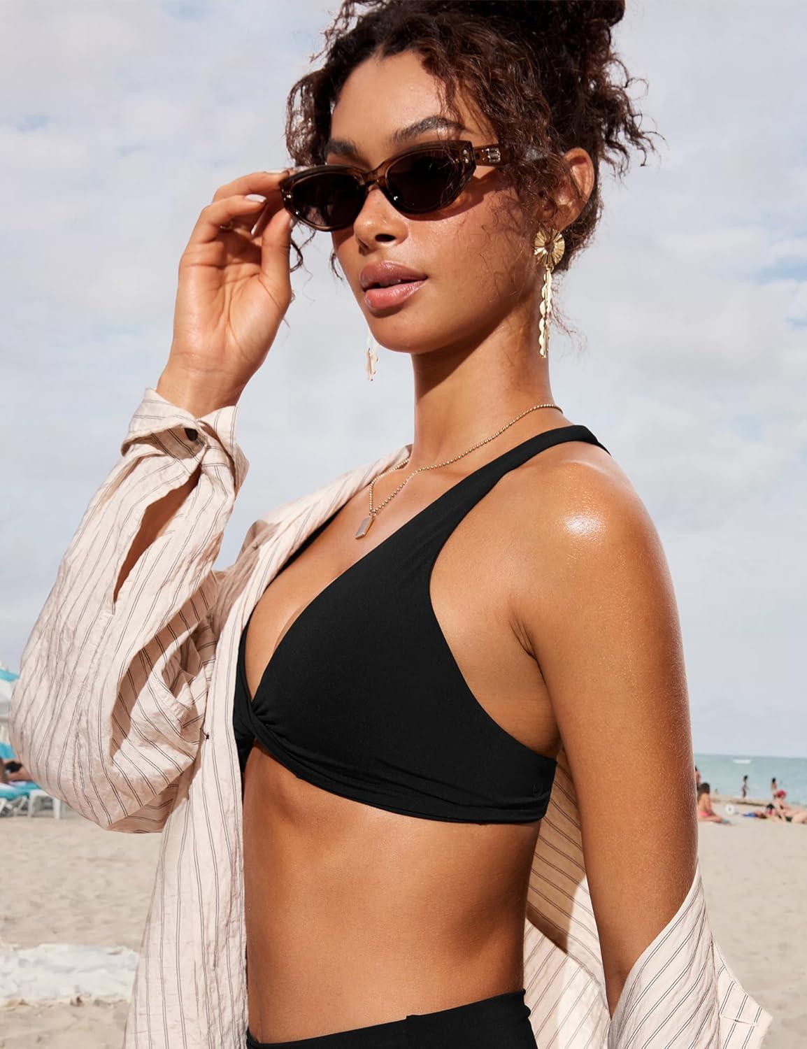 imageCRZ YOGA Twist Front Bikini Tops for Women Padded V Neck Criss Cross Back Triangle Sexy Swim Bathing SuitBlack