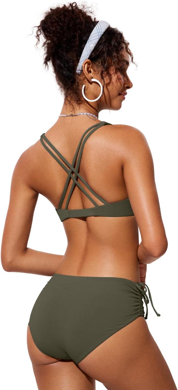 imageCRZ YOGA Twist Front Bikini Tops for Women Padded V Neck Criss Cross Back Triangle Sexy Swim Bathing SuitDark Olive