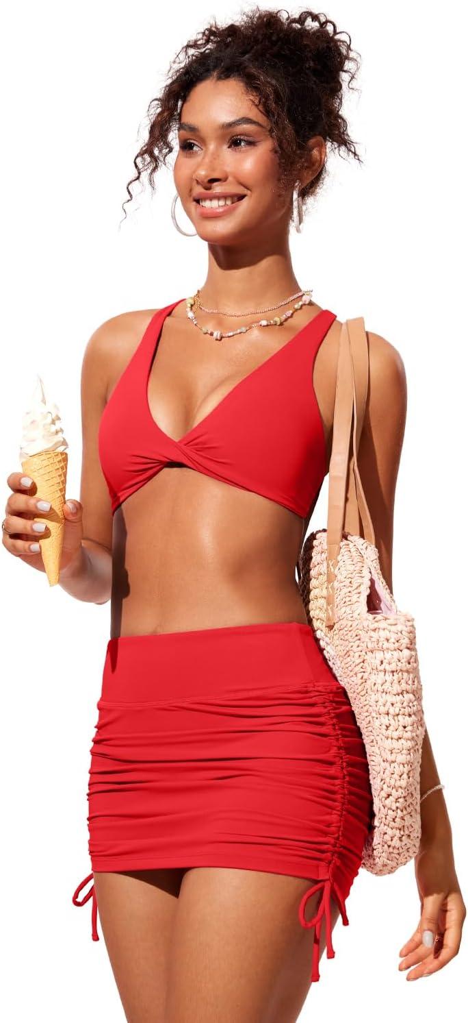 imageCRZ YOGA Twist Front Bikini Tops for Women Padded V Neck Criss Cross Back Triangle Sexy Swim Bathing SuitDeep Red