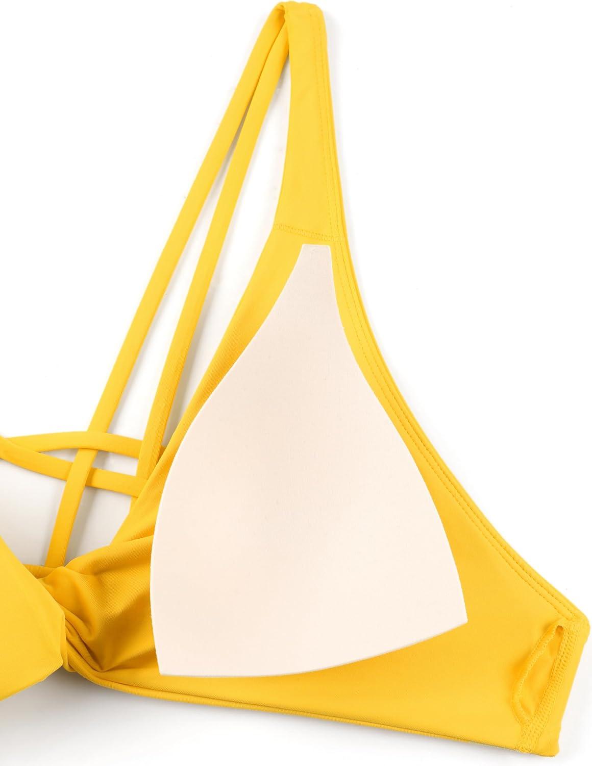 imageCRZ YOGA Twist Front Bikini Tops for Women Padded V Neck Criss Cross Back Triangle Sexy Swim Bathing SuitHigh Visibility Yellow