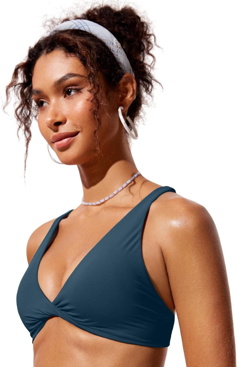 imageCRZ YOGA Twist Front Bikini Tops for Women Padded V Neck Criss Cross Back Triangle Sexy Swim Bathing SuitInsignia Blue