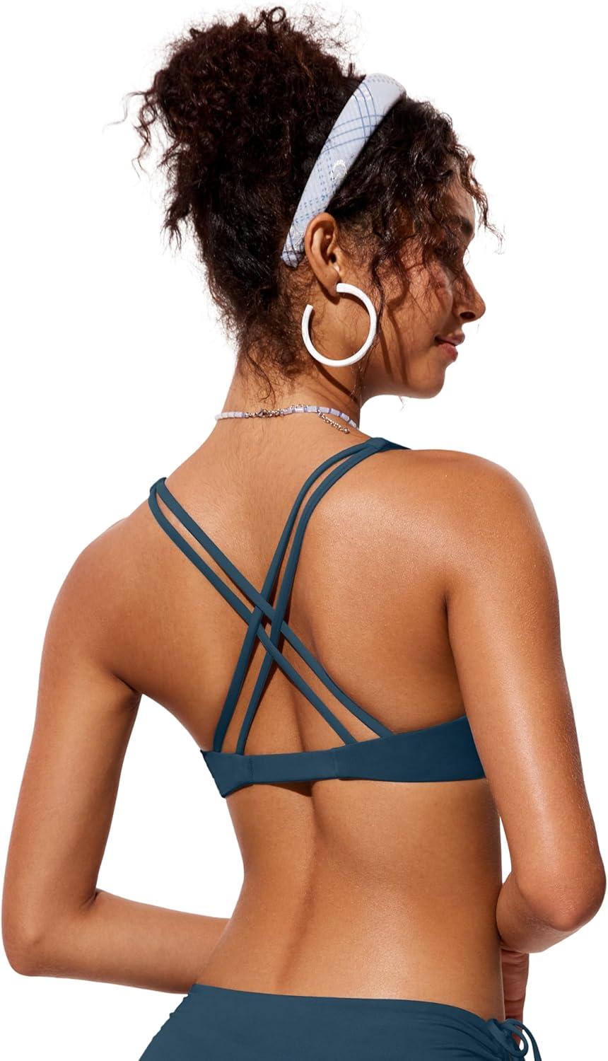 imageCRZ YOGA Twist Front Bikini Tops for Women Padded V Neck Criss Cross Back Triangle Sexy Swim Bathing SuitInsignia Blue