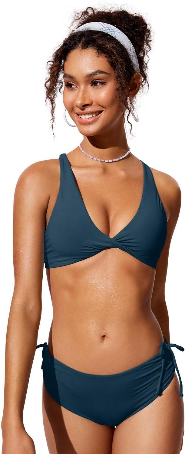 imageCRZ YOGA Twist Front Bikini Tops for Women Padded V Neck Criss Cross Back Triangle Sexy Swim Bathing SuitInsignia Blue