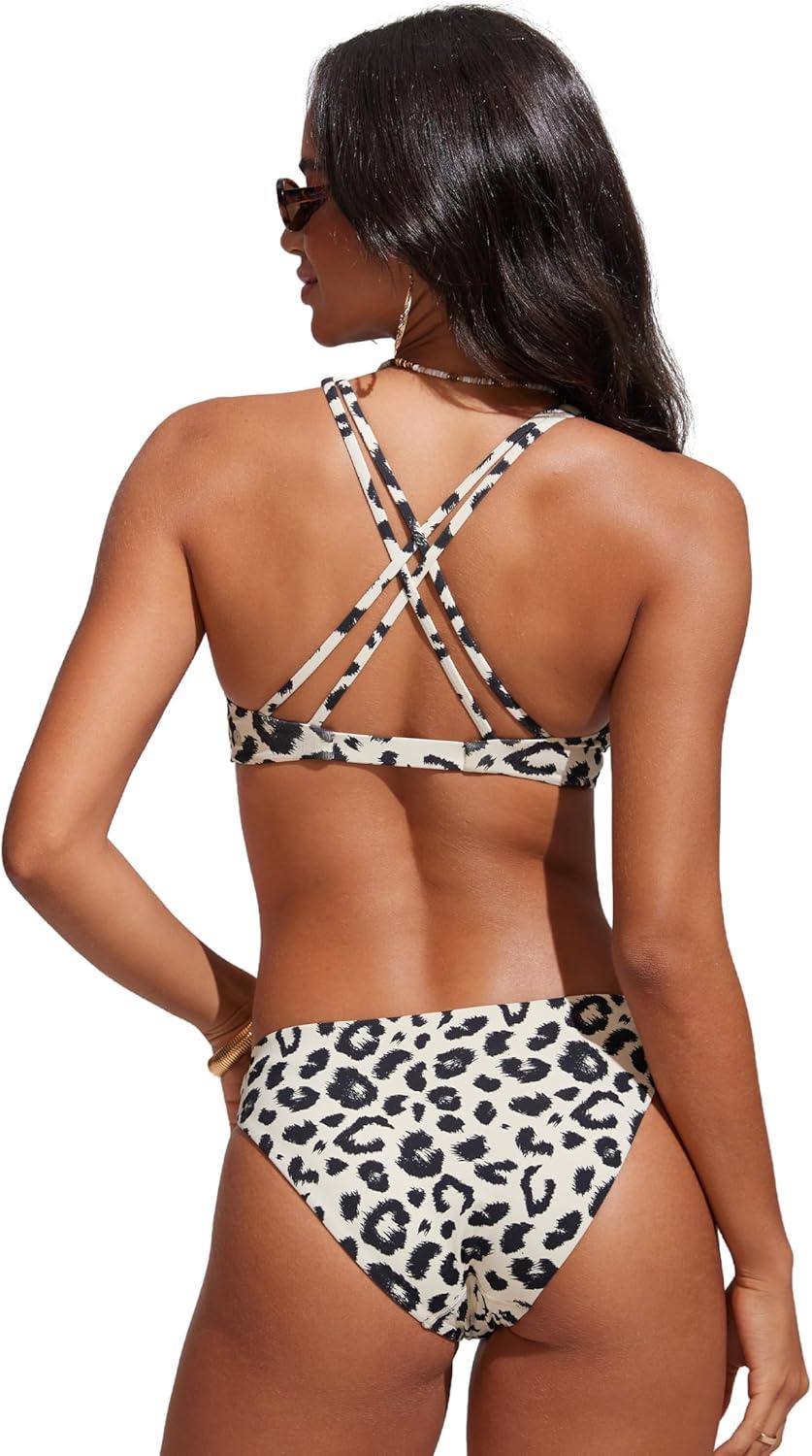 imageCRZ YOGA Twist Front Bikini Tops for Women Padded V Neck Criss Cross Back Triangle Sexy Swim Bathing SuitPrimulin Leopard Print