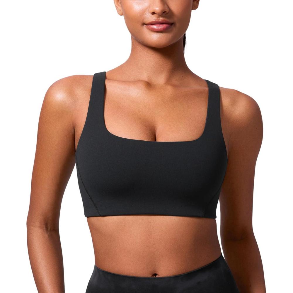 imageCRZ YOGA Butterlift Double Lined Square Neck Sports Bras for Women Wireless VShaped Racerback Workout Yoga Top Non PaddedBlack