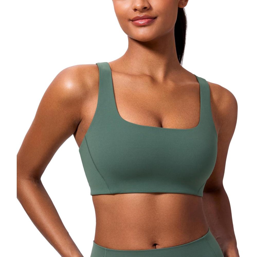 imageCRZ YOGA Butterlift Double Lined Square Neck Sports Bras for Women Wireless VShaped Racerback Workout Yoga Top Non PaddedDark Forest Green