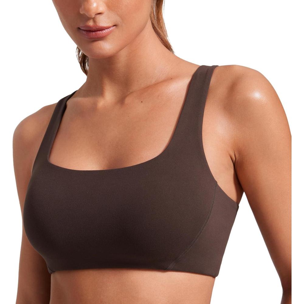 imageCRZ YOGA Butterlift Double Lined Square Neck Sports Bras for Women Wireless VShaped Racerback Workout Yoga Top Non PaddedHot Fudge Brown