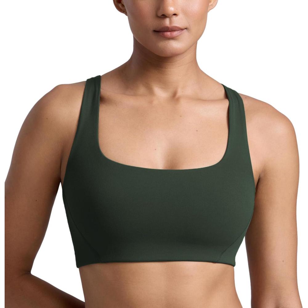imageCRZ YOGA Butterlift Double Lined Square Neck Sports Bras for Women Wireless VShaped Racerback Workout Yoga Top Non PaddedLegend Green