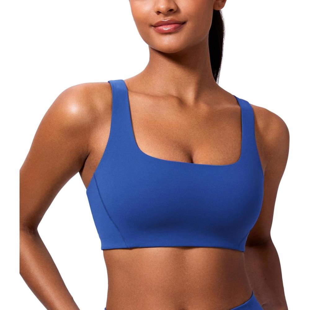 imageCRZ YOGA Butterlift Double Lined Square Neck Sports Bras for Women Wireless VShaped Racerback Workout Yoga Top Non PaddedWaves Blue