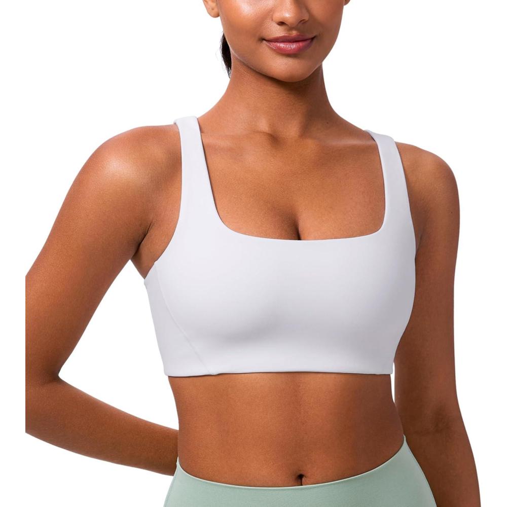 imageCRZ YOGA Butterlift Double Lined Square Neck Sports Bras for Women Wireless VShaped Racerback Workout Yoga Top Non PaddedWhite
