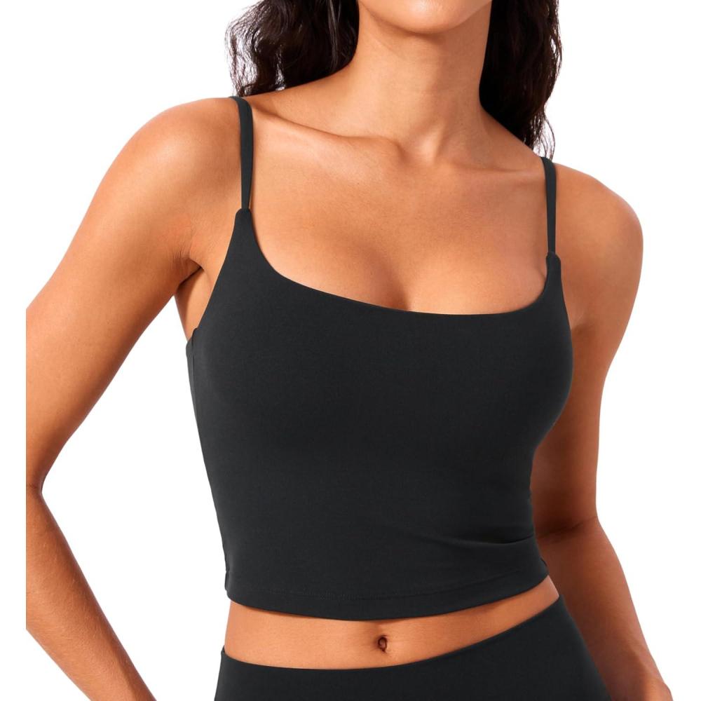 imageCRZ YOGA Butterlift Scoop Neck Crop Tank Tops for Women Longline U Back Adjustable Straps Workout Sports BrasBlack