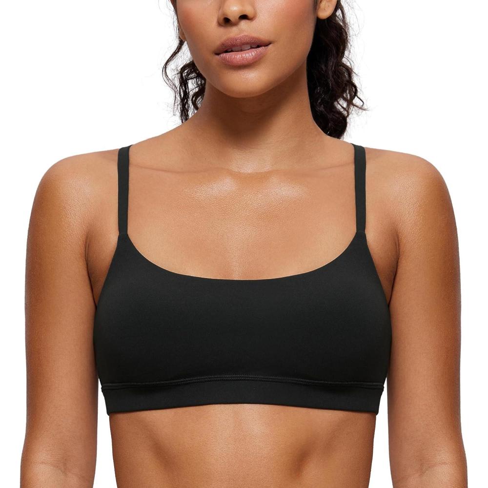 imageCRZ YOGA Butterluxe Adjustable Spaghetti Strap Sports Bras for Women Scoop Neck Wireless Padded Yoga Workout Crop TopBlack