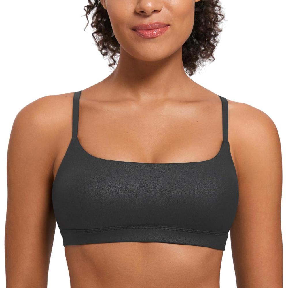 imageCRZ YOGA Butterluxe Adjustable Spaghetti Strap Sports Bras for Women Scoop Neck Wireless Padded Yoga Workout Crop TopBlack Foil Pattern