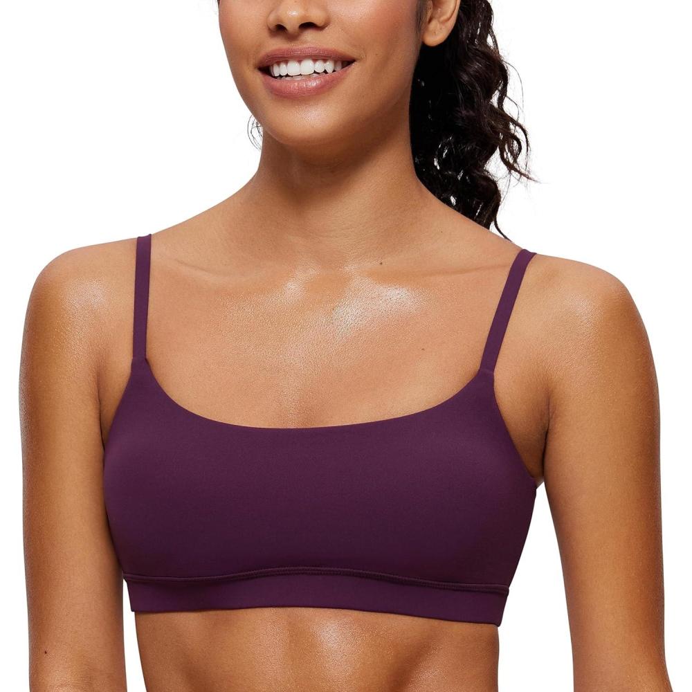 imageCRZ YOGA Butterluxe Adjustable Spaghetti Strap Sports Bras for Women Scoop Neck Wireless Padded Yoga Workout Crop TopDeep Purple