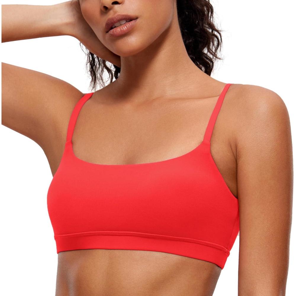 imageCRZ YOGA Butterluxe Adjustable Spaghetti Strap Sports Bras for Women Scoop Neck Wireless Padded Yoga Workout Crop TopDeep Red