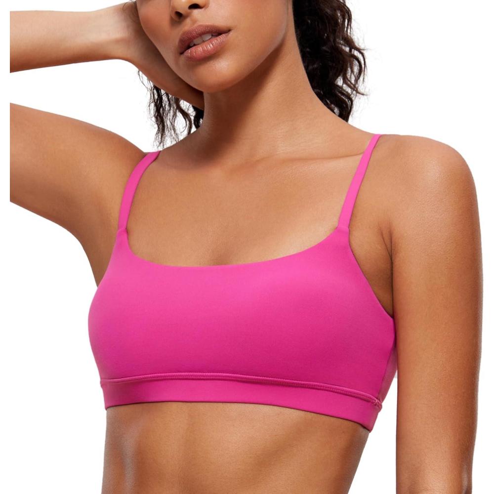 imageCRZ YOGA Butterluxe Adjustable Spaghetti Strap Sports Bras for Women Scoop Neck Wireless Padded Yoga Workout Crop TopHibiscus Purple