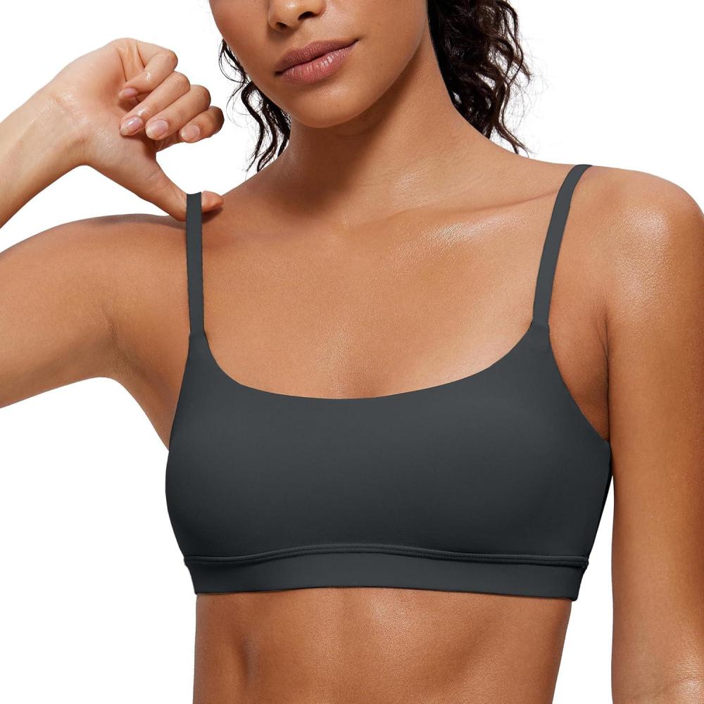 imageCRZ YOGA Butterluxe Adjustable Spaghetti Strap Sports Bras for Women Scoop Neck Wireless Padded Yoga Workout Crop TopMelanite