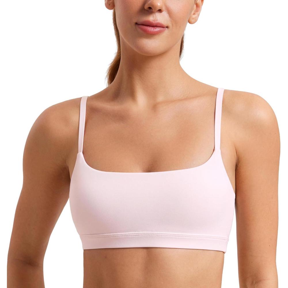 imageCRZ YOGA Butterluxe Adjustable Spaghetti Strap Sports Bras for Women Scoop Neck Wireless Padded Yoga Workout Crop TopStrawberry Pink