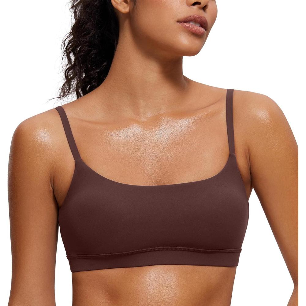 imageCRZ YOGA Butterluxe Adjustable Spaghetti Strap Sports Bras for Women Scoop Neck Wireless Padded Yoga Workout Crop TopTaupe