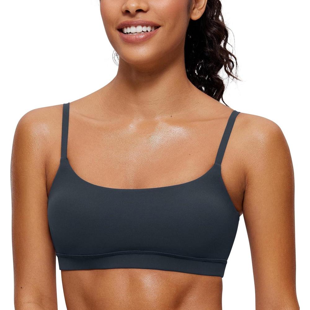 imageCRZ YOGA Butterluxe Adjustable Spaghetti Strap Sports Bras for Women Scoop Neck Wireless Padded Yoga Workout Crop TopTrue Navy
