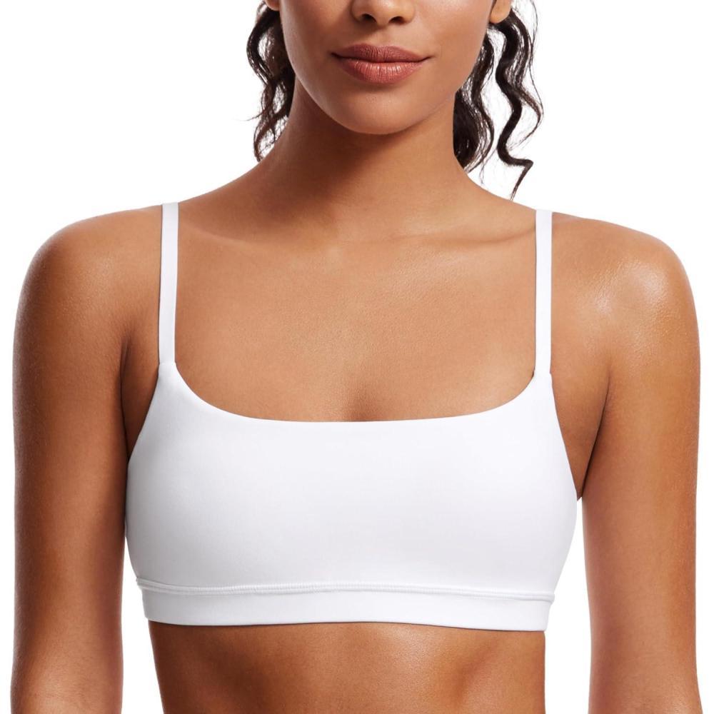 imageCRZ YOGA Butterluxe Adjustable Spaghetti Strap Sports Bras for Women Scoop Neck Wireless Padded Yoga Workout Crop TopWhite
