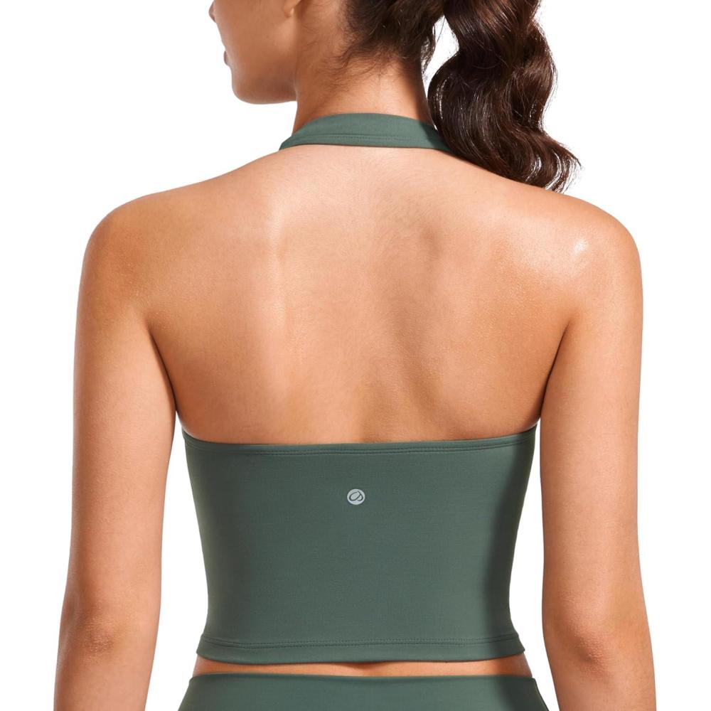 imageCRZ YOGA Butterluxe Halter Crop Tank Tops for Women Open Back Padded Longline Sports Bras Workout GymDark Forest Green
