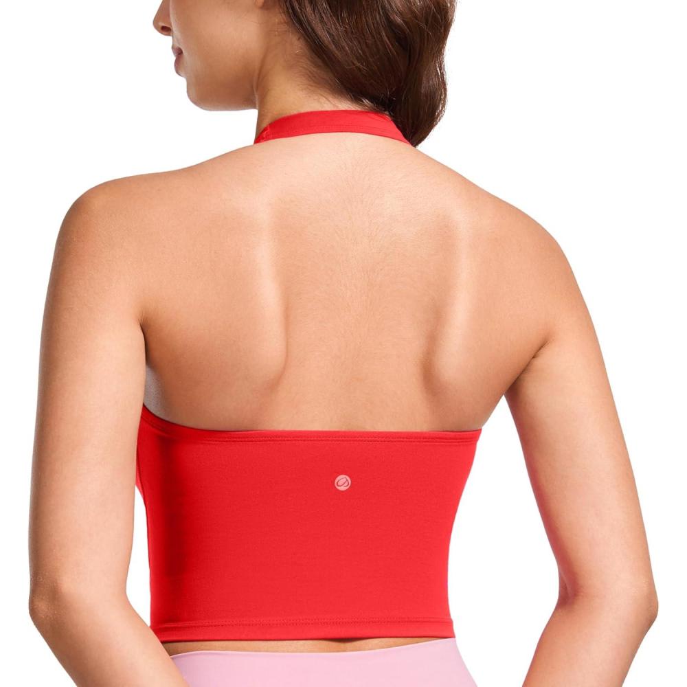 imageCRZ YOGA Butterluxe Halter Crop Tank Tops for Women Open Back Padded Longline Sports Bras Workout GymDeep Red