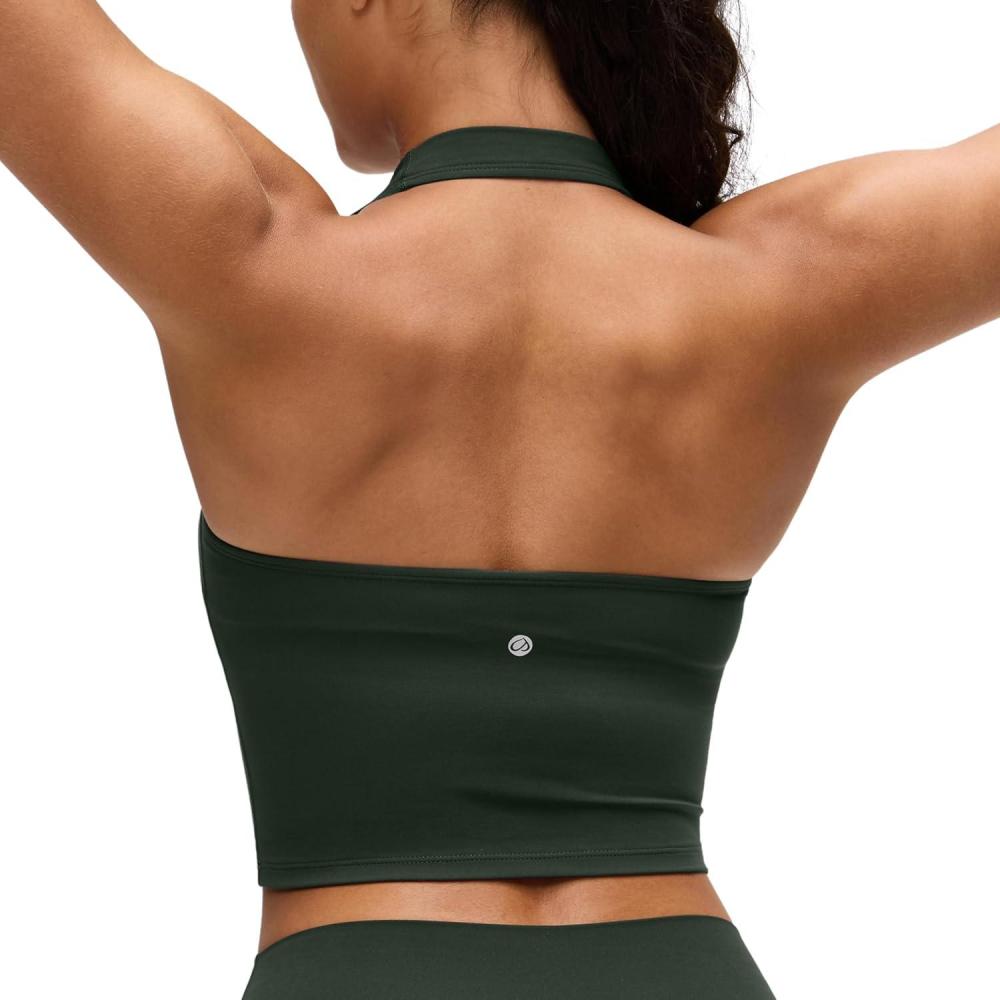 imageCRZ YOGA Butterluxe Halter Crop Tank Tops for Women Open Back Padded Longline Sports Bras Workout GymLegend Green