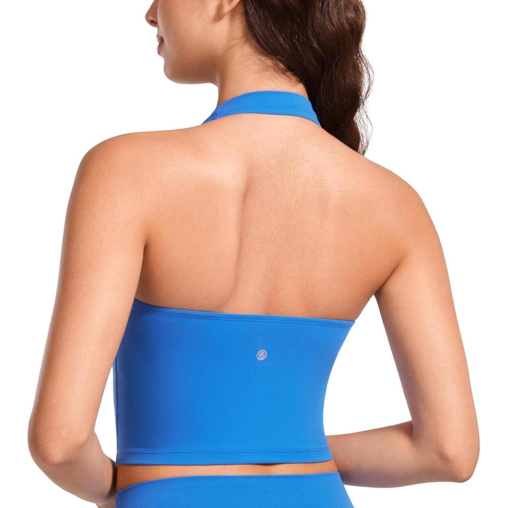 imageCRZ YOGA Butterluxe Halter Crop Tank Tops for Women Open Back Padded Longline Sports Bras Workout GymSparkle Blue