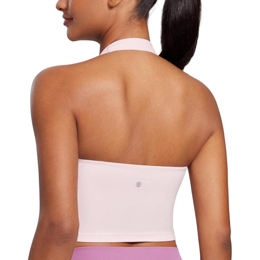imageCRZ YOGA Butterluxe Halter Crop Tank Tops for Women Open Back Padded Longline Sports Bras Workout GymStrawberry Pink