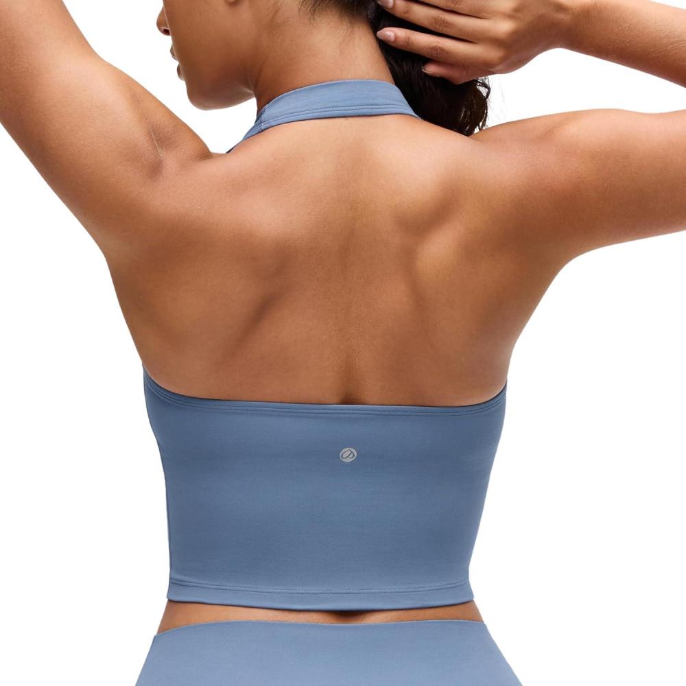 imageCRZ YOGA Butterluxe Halter Crop Tank Tops for Women Open Back Padded Longline Sports Bras Workout GymWashed Denim