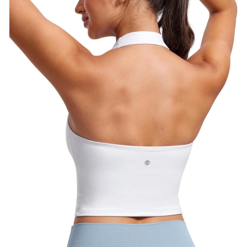 imageCRZ YOGA Butterluxe Halter Crop Tank Tops for Women Open Back Padded Longline Sports Bras Workout GymWhite