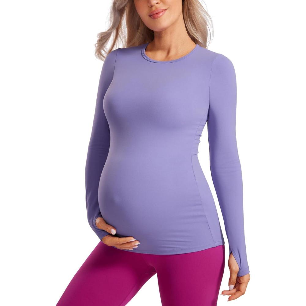 imageCRZ YOGA Butterluxe Maternity Crewneck Long Sleeve Shirts Athletic Yoga Casual Pregnancy Womens Tee Tops Basic Layer SoftDark Lavender Purple