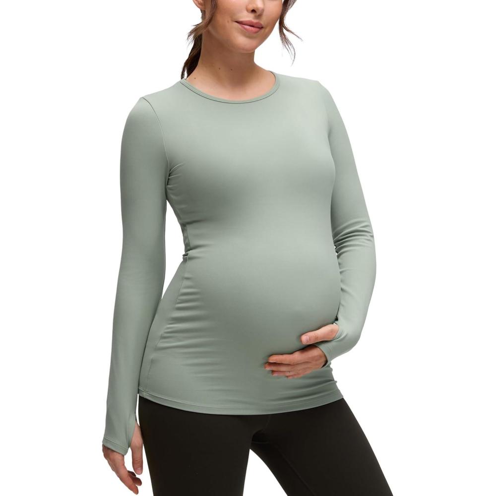 imageCRZ YOGA Butterluxe Maternity Crewneck Long Sleeve Shirts Athletic Yoga Casual Pregnancy Womens Tee Tops Basic Layer SoftGreen Palm Court